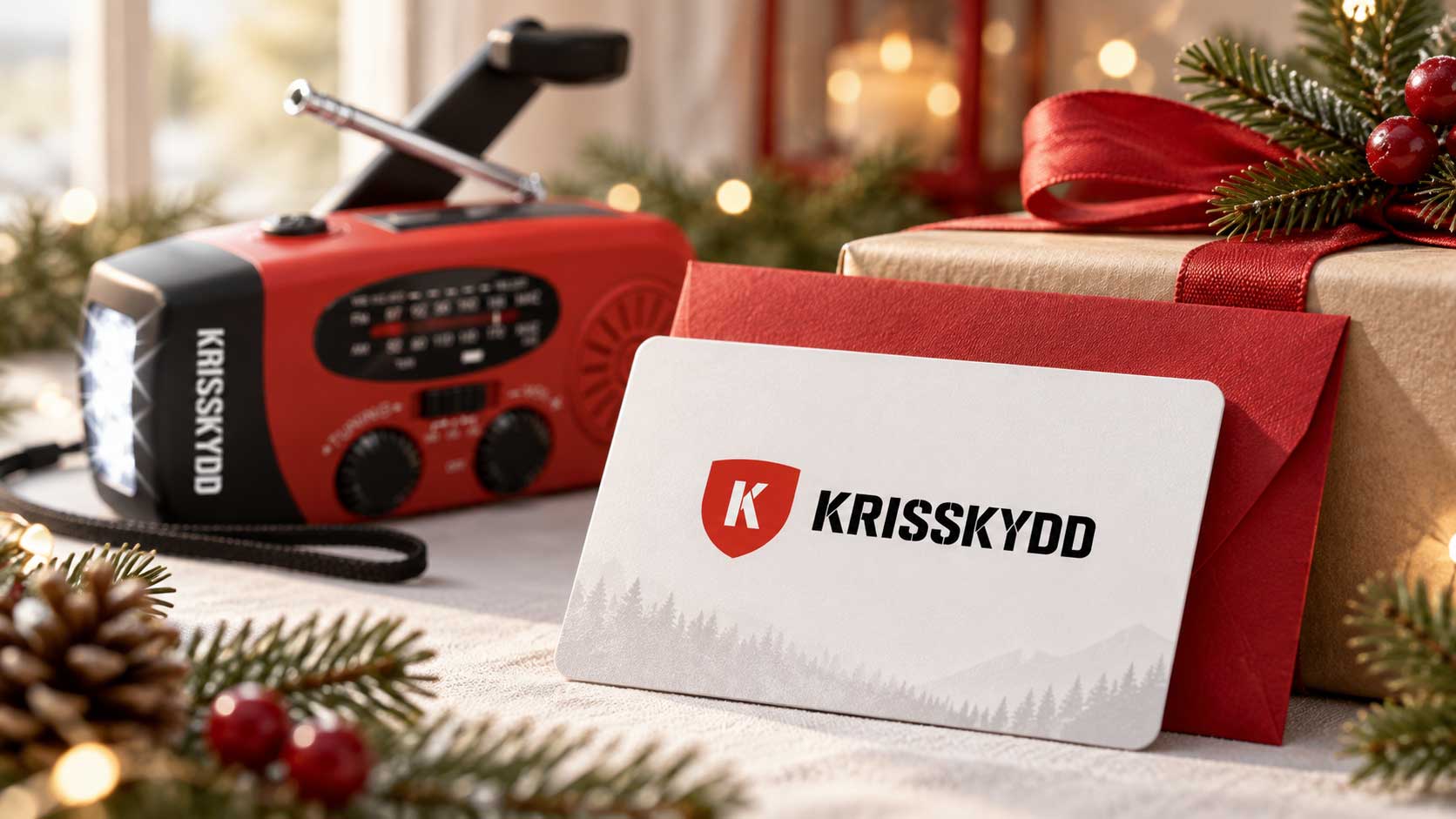 Presentkort från Krisskydd med nödradio och julklapp