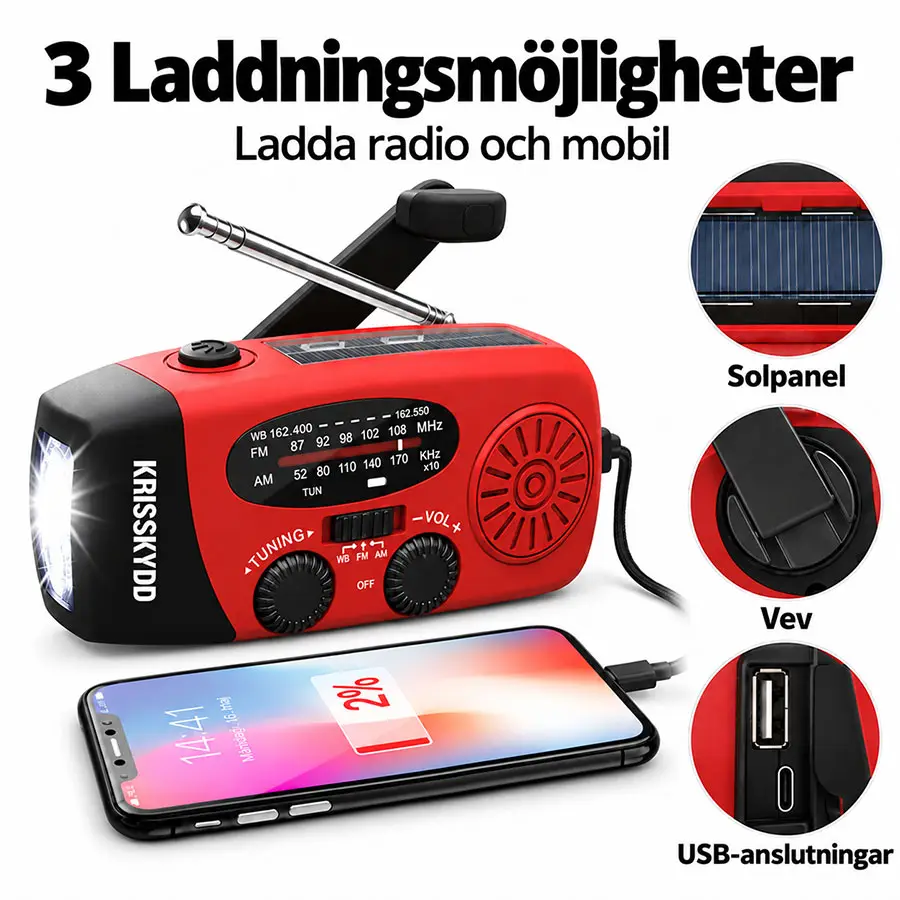Nödradion med 3 laddningsmöjligheter: solpanel, vev och USB-anslutningar som laddar både radio och mobil