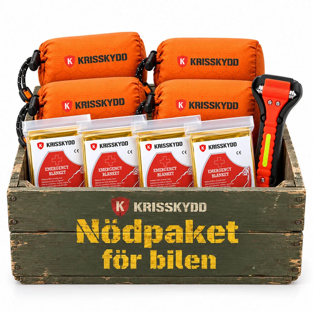 Nödpaket för bilen - nödsovsäckar, nödfiltar & nödhammare