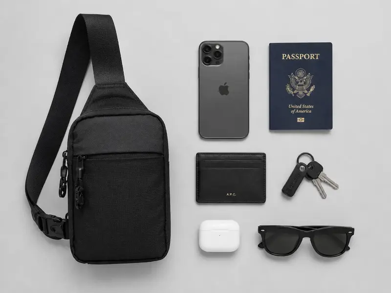 Flat lay of the bag with phone, passport, wallet, keys and earbuds