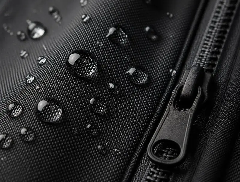 Water beading on the water-resistant nylon next to the zipper